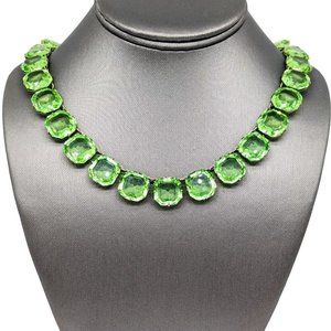 Rare ENCO Costume Necklace, Art Deco Square Green Paste Stone Rhodium Plated Sil